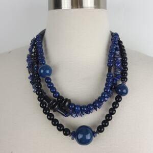 Vintage Triple Strand Glass Stone Beaded Statement Necklace Blue Black 20"